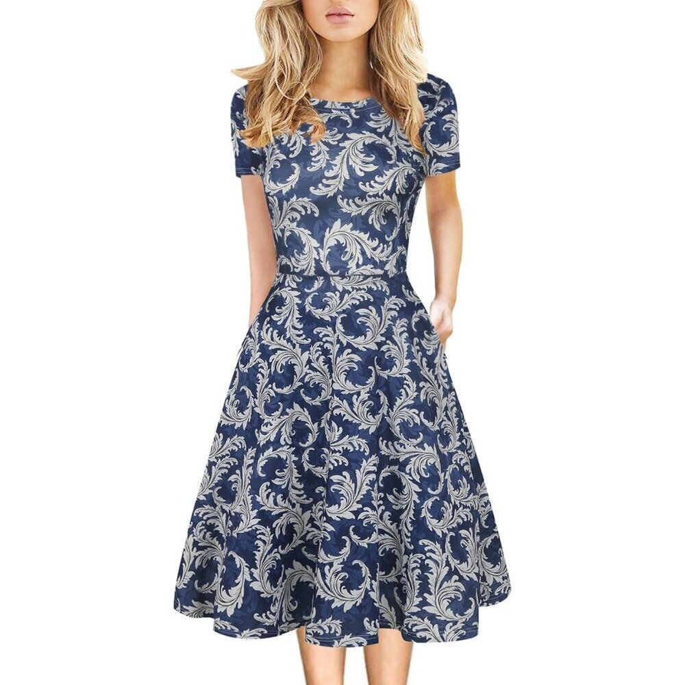 Women's Blue-1 Elegant Knee Length Vintage A-Line Swing Dress with Pockets